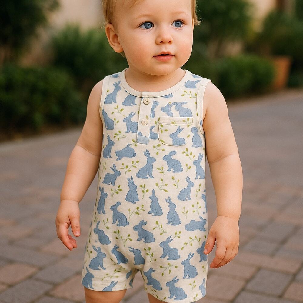 SweetHoney Boys Lounger Sz 2T Hip Hop Blue‎ Bunny Soft Romper Sleeveless